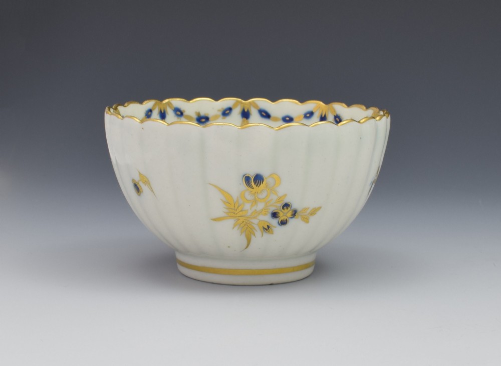 Caughley Porcelain Blue & Gilt Fluted Tea Bowl Dresden Flowers c.1785 View II