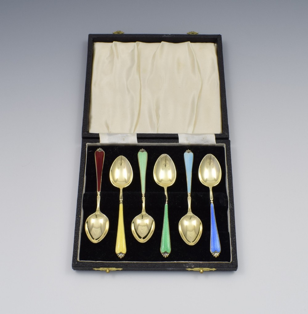 Cased Set 6 Silver Gilt & Guilloche Enamel Rainbow Teaspoons