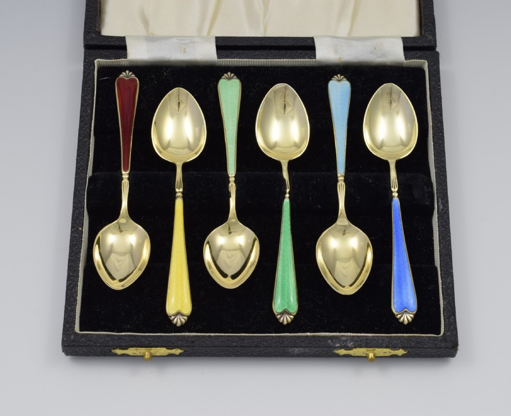 Cased Set 6 Silver Gilt & Guilloche Enamel Rainbow Teaspoons View II