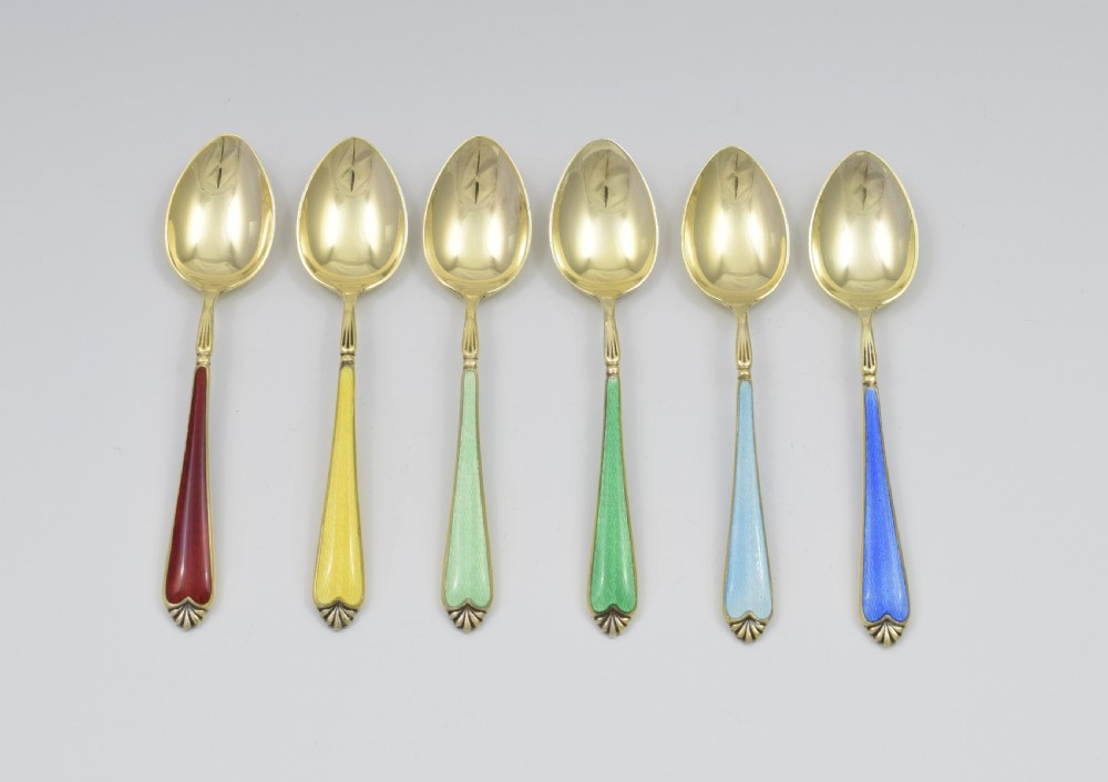 Cased Set 6 Silver Gilt & Guilloche Enamel Rainbow Teaspoons View III