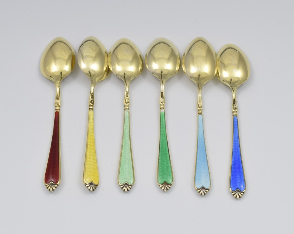 Cased Set 6 Silver Gilt & Guilloche Enamel Rainbow Teaspoons View IV