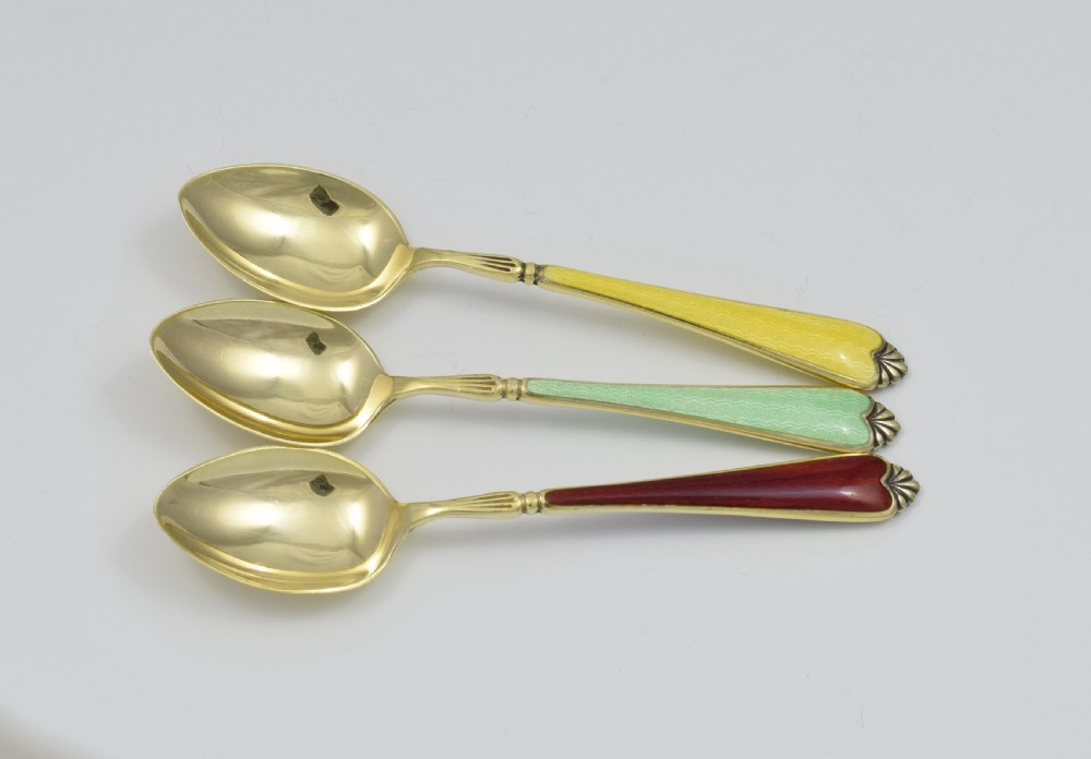 Cased Set 6 Silver Gilt & Guilloche Enamel Rainbow Teaspoons View V