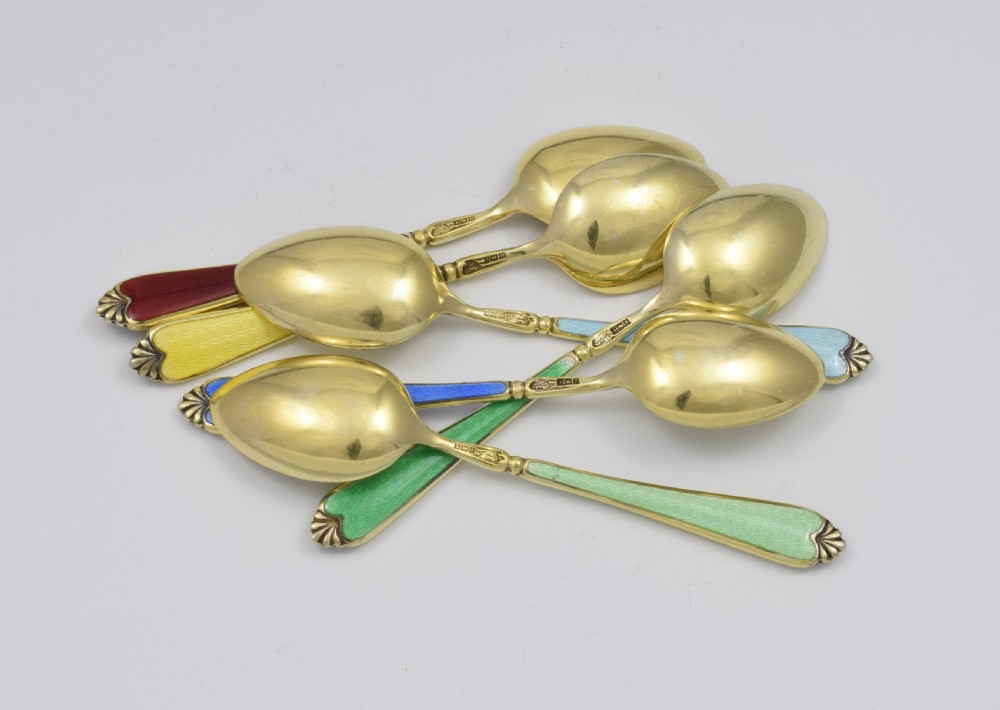 Cased Set 6 Silver Gilt & Guilloche Enamel Rainbow Teaspoons View X