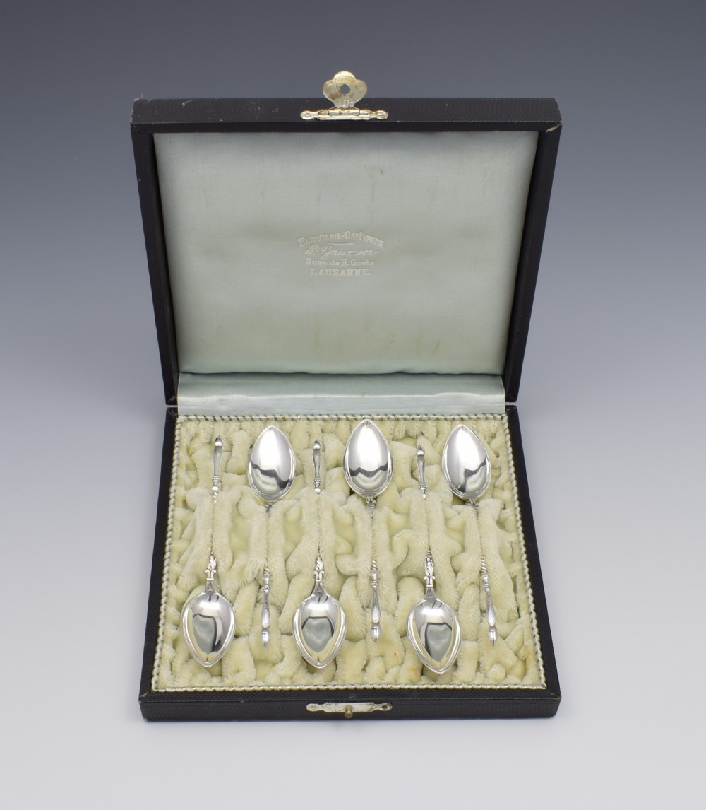 Cased Set Of 6 Bruchmann & Sohne Silver Deer Hoof Coffee Teaspoons  c.1925 View III
