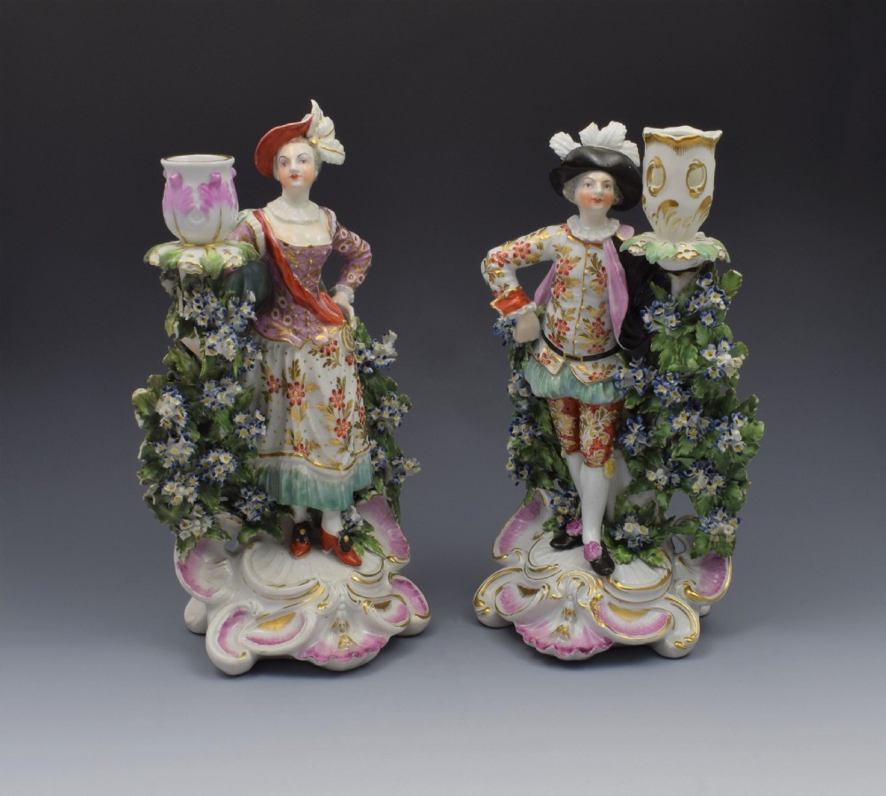 Pair Derby Porcelain Ranelagh Dancers Figural Candlesticks Figures c.1765