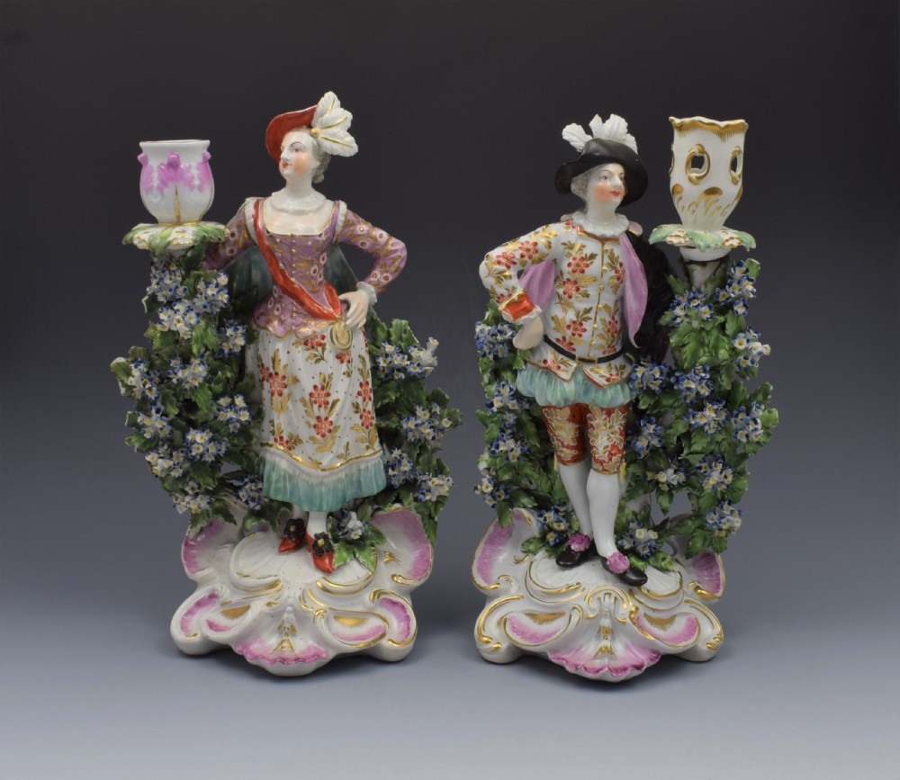 Pair Derby Porcelain Ranelagh Dancers Figural Candlesticks Figures c.1765 View V