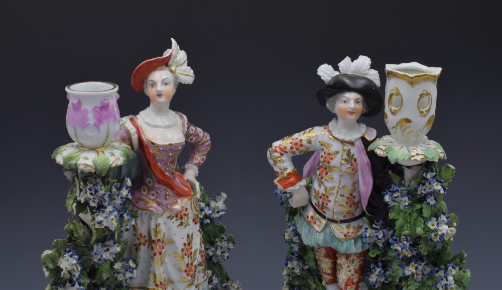 Pair Derby Porcelain Ranelagh Dancers Figural Candlesticks Figures c.1765 View VI