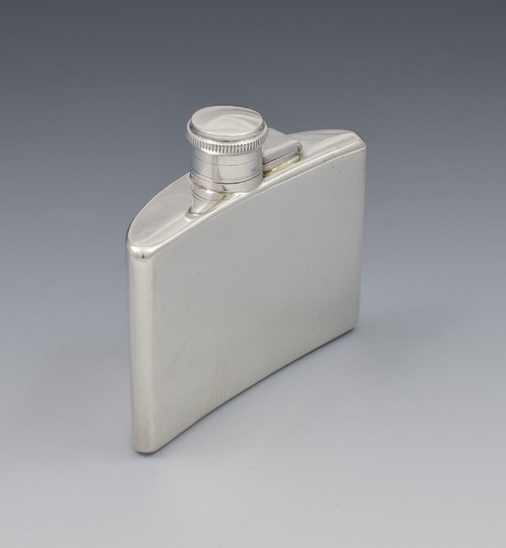 1930s Small Curved Silver Spirit Hip Flask Daniel & Arter View VI