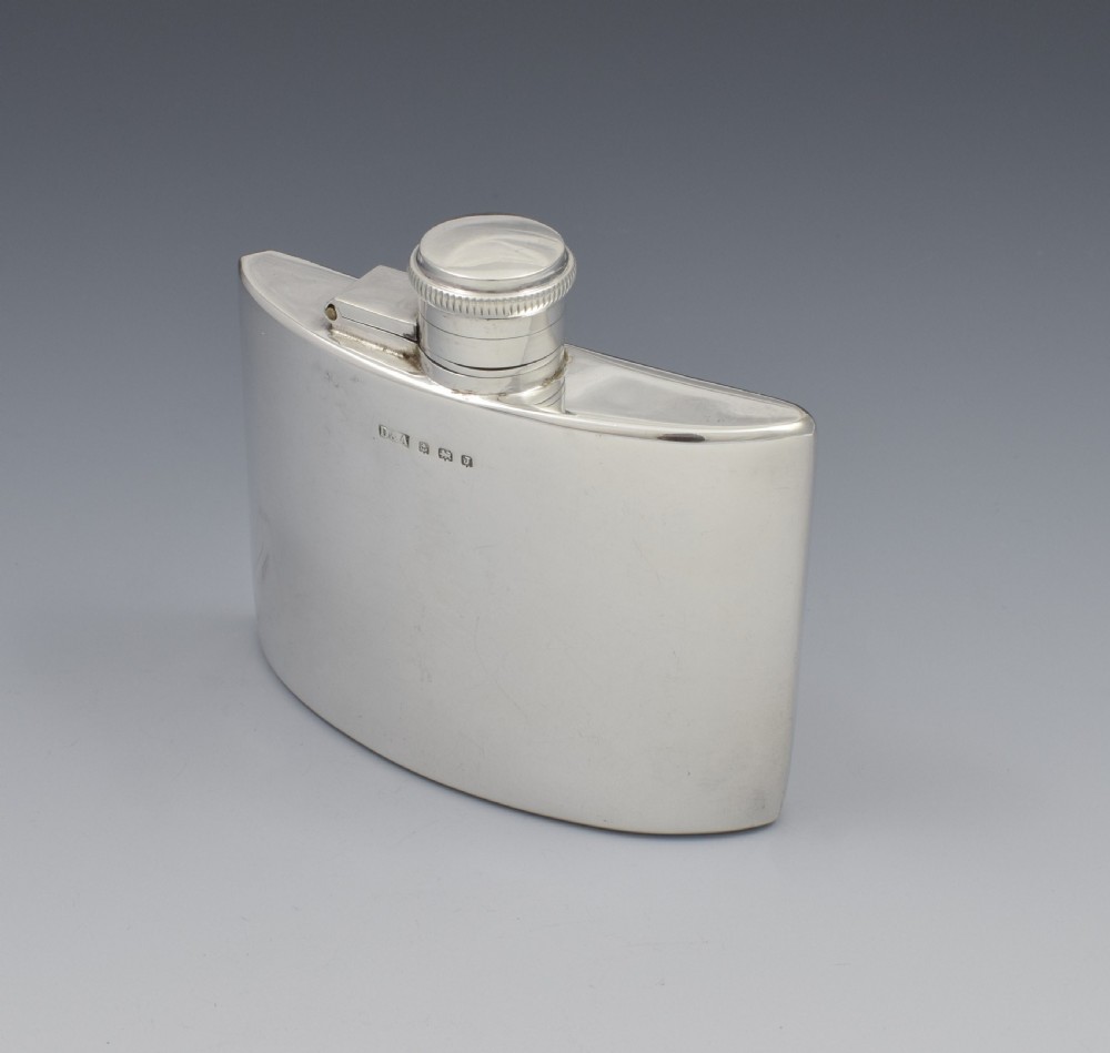 1930s Small Curved Silver Spirit Hip Flask Daniel & Arter View VIII
