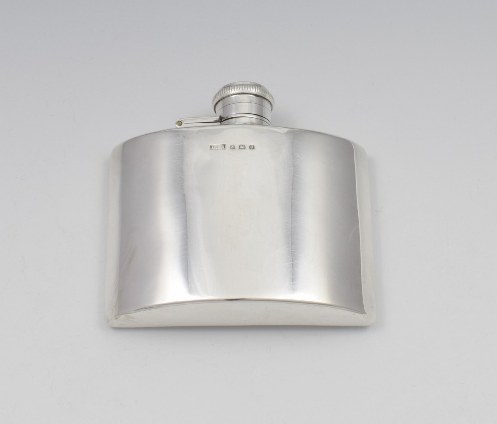 1930s Small Curved Silver Spirit Hip Flask Daniel & Arter View IX