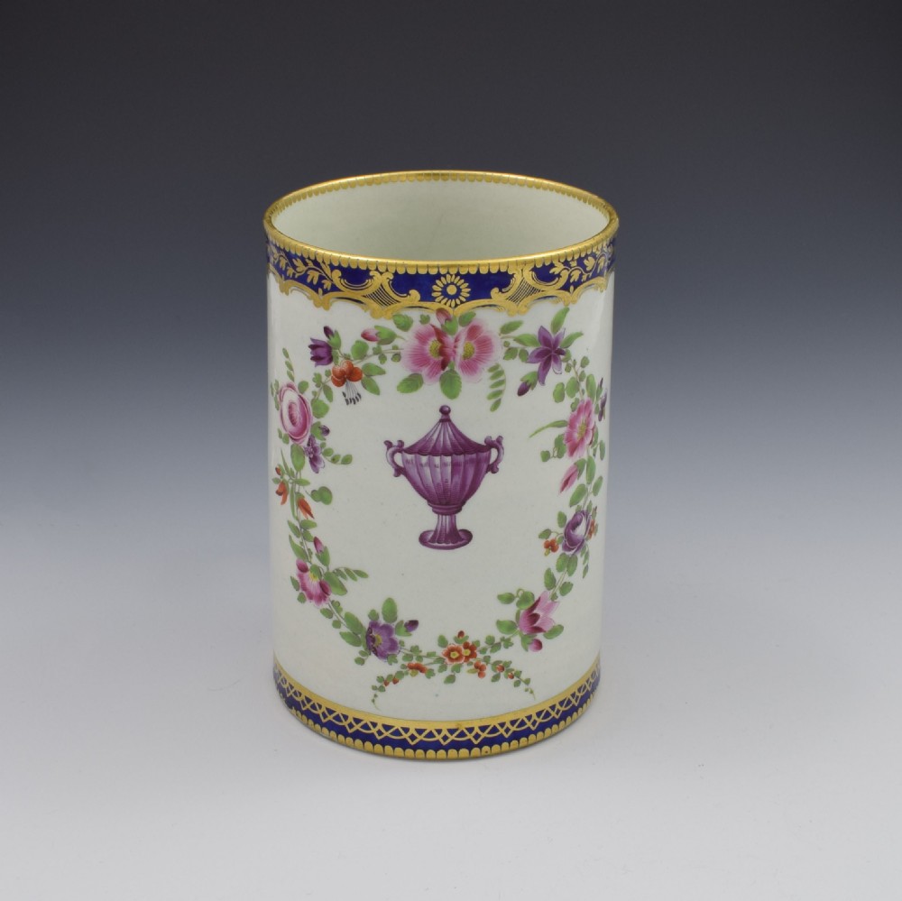 Large First Period Worcester Porcelain Polychrome Urn Mug Tankard c.1775 View III