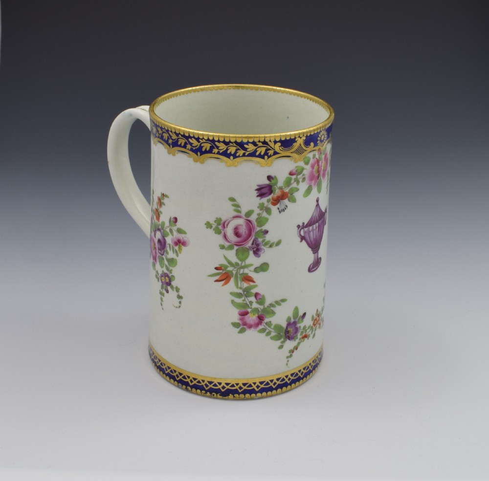 Large First Period Worcester Porcelain Polychrome Urn Mug Tankard c.1775 View IV