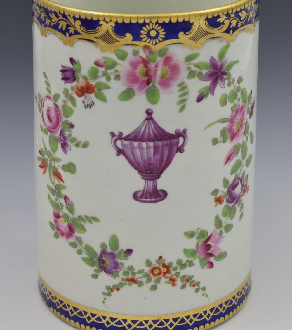 Large First Period Worcester Porcelain Polychrome Urn Mug Tankard c.1775 View XII