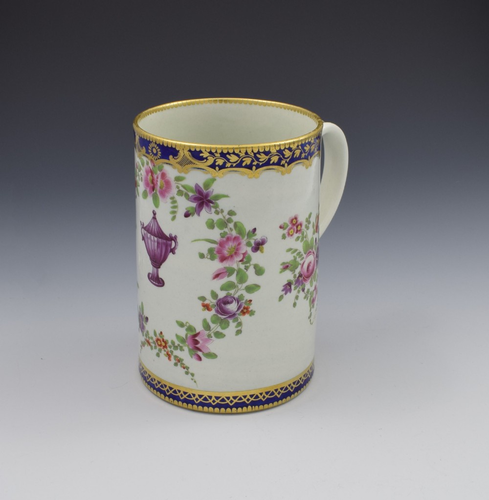 Large First Period Worcester Porcelain Polychrome Urn Mug Tankard c.1775
