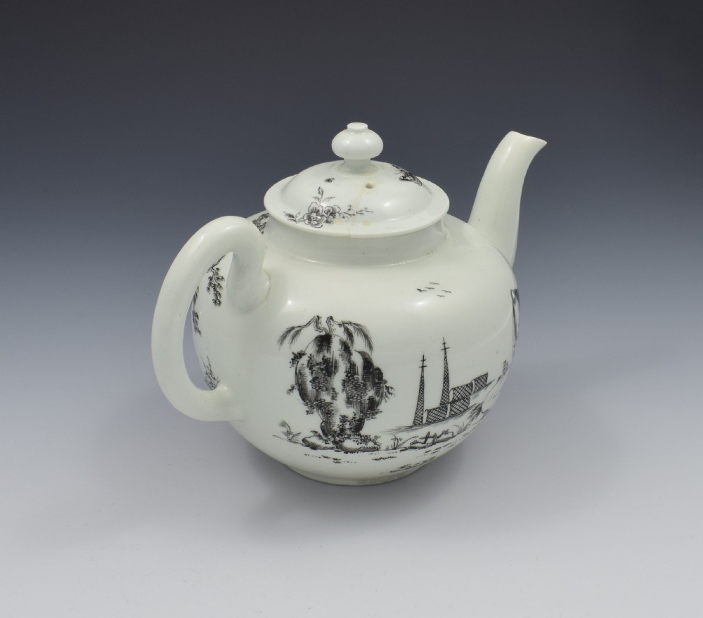First Period Worcester Porcelain Teapot Boy On A Buffalo Ex-Zorensky View III