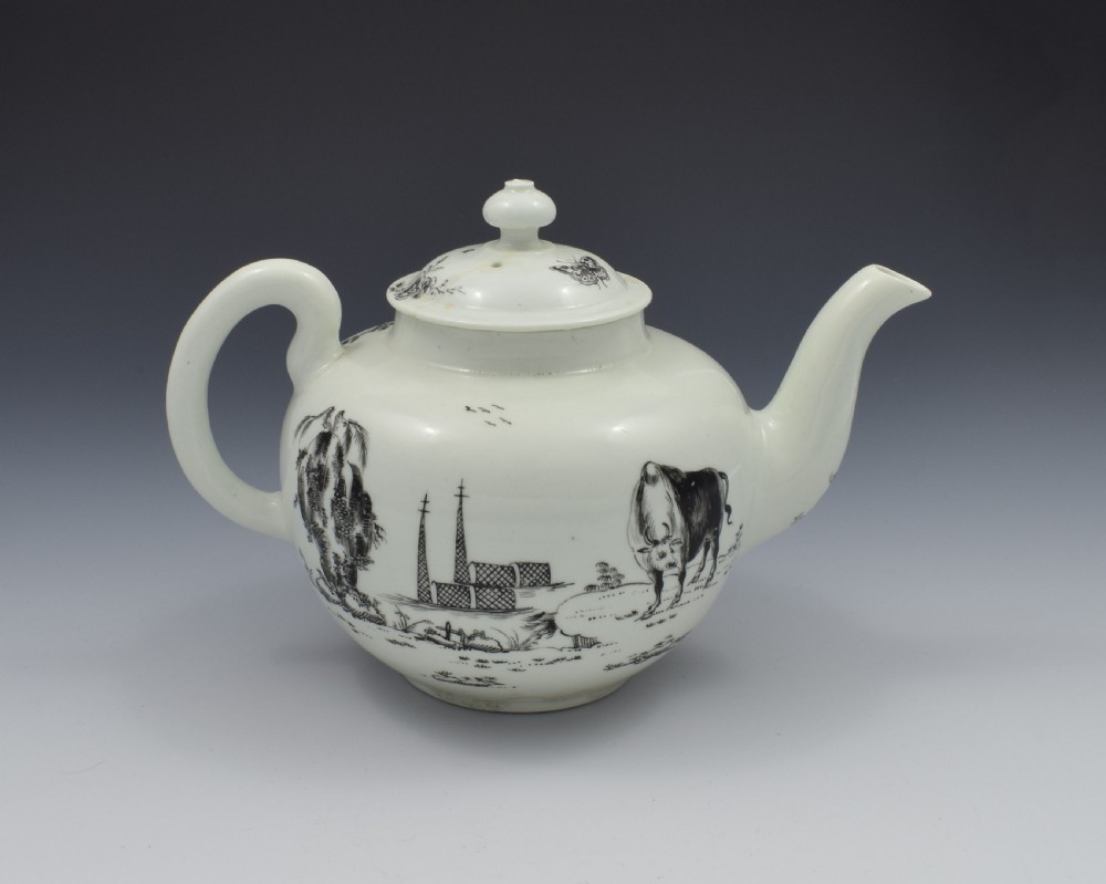 First Period Worcester Porcelain Teapot Boy On A Buffalo Ex-Zorensky View V