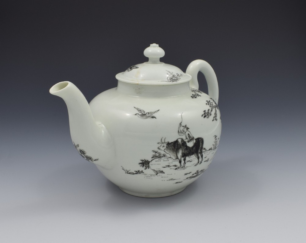 First Period Worcester Porcelain Teapot Boy On A Buffalo Ex-Zorensky View VIII