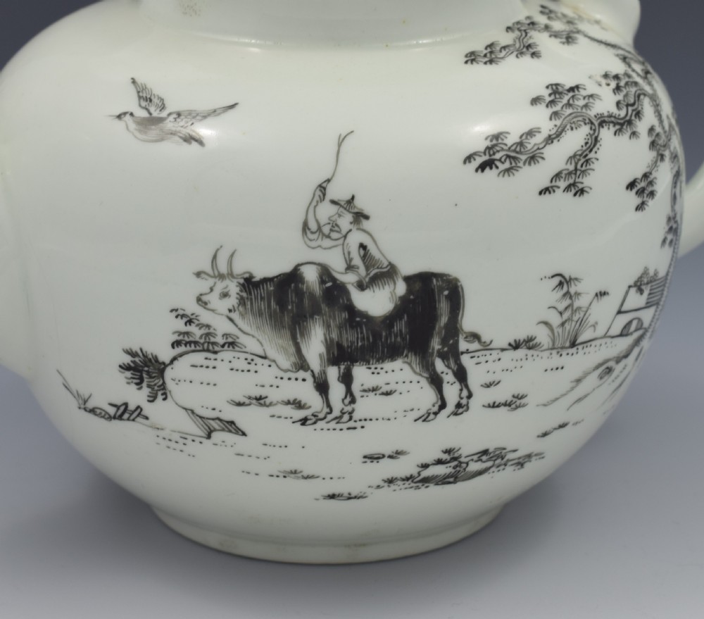 First Period Worcester Porcelain Teapot Boy On A Buffalo Ex-Zorensky View IX