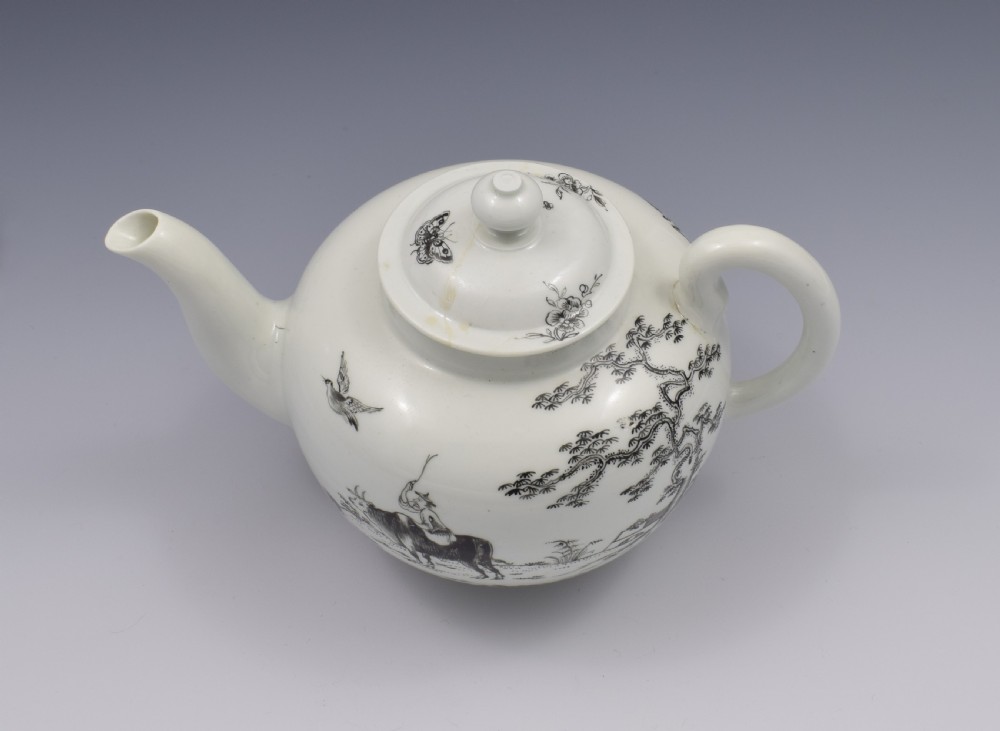 First Period Worcester Porcelain Teapot Boy On A Buffalo Ex-Zorensky View XI