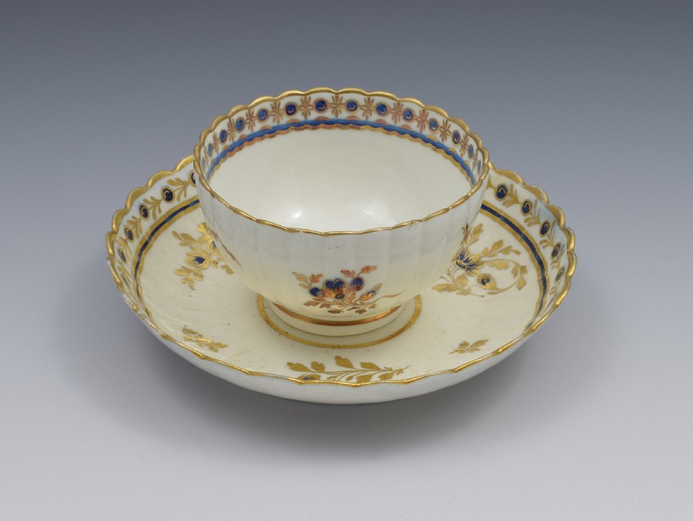 Caughley Porcelain Fluted Tea Bowl & Saucer Dresden Flowers c.1785 View II