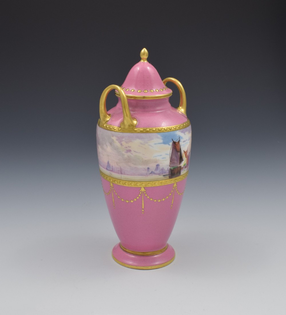 Minton Porcelain Pink Vase & Cover James Edwin Dean Seascape View II