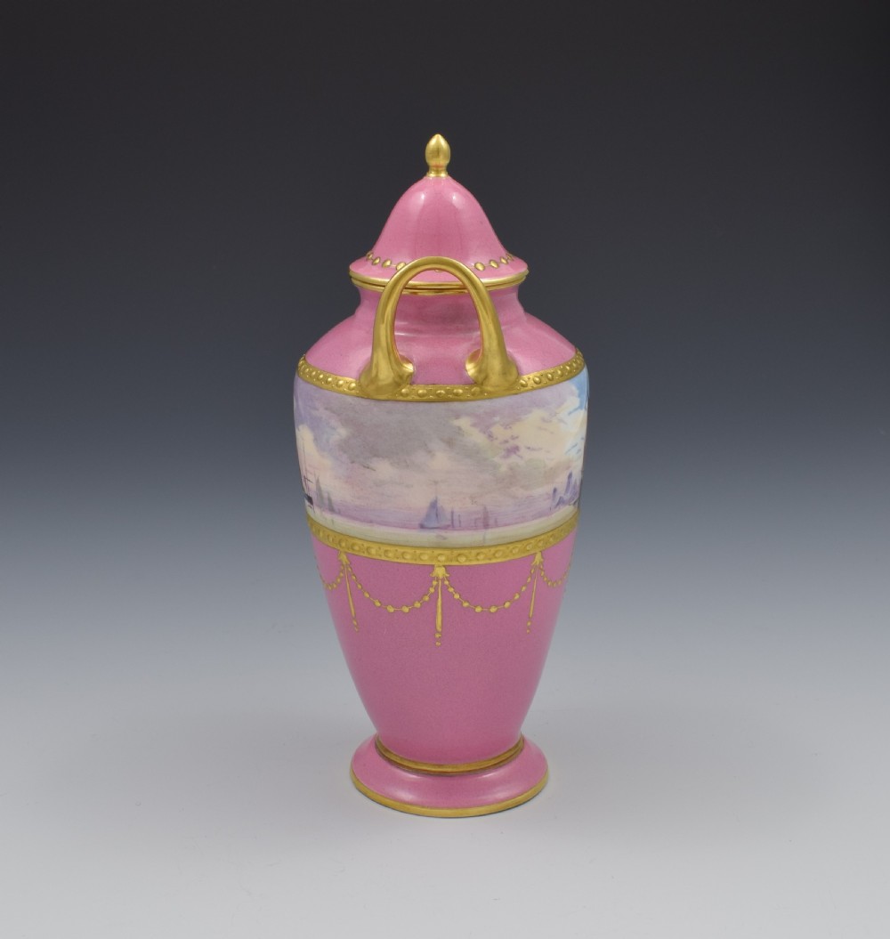 Minton Porcelain Pink Vase & Cover James Edwin Dean Seascape View III