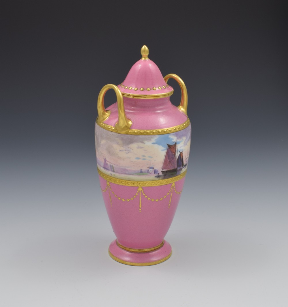 Minton Porcelain Pink Vase & Cover James Edwin Dean Seascape View IV
