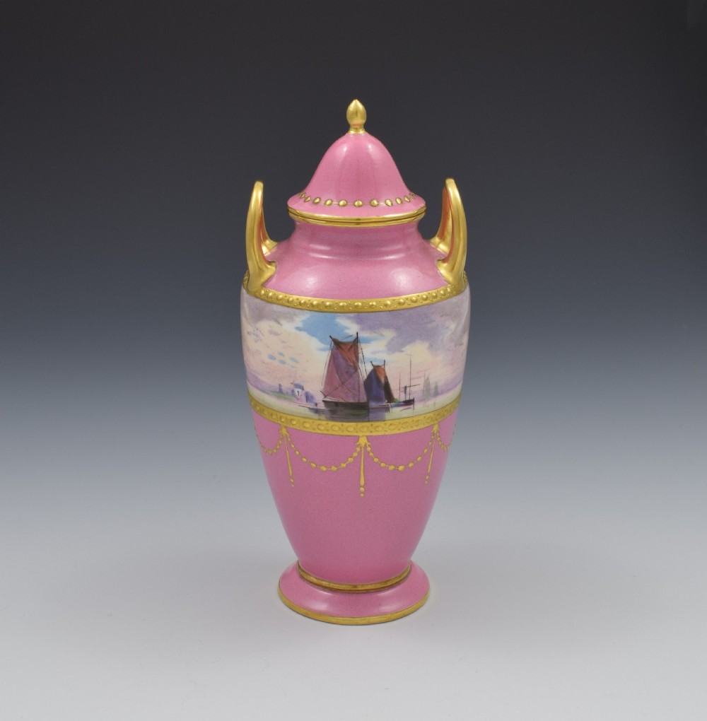 Minton Porcelain Pink Vase & Cover James Edwin Dean Seascape View V