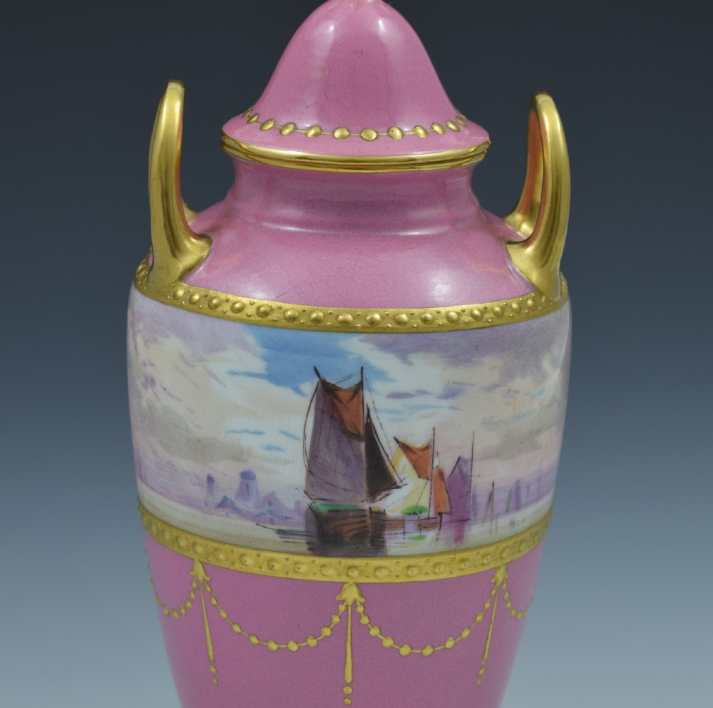 Minton Porcelain Pink Vase & Cover James Edwin Dean Seascape View VIII