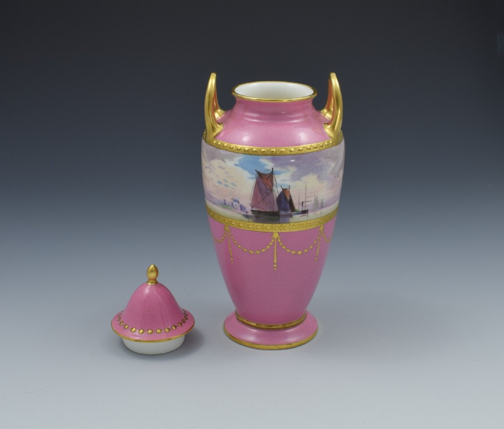 Minton Porcelain Pink Vase & Cover James Edwin Dean Seascape View X