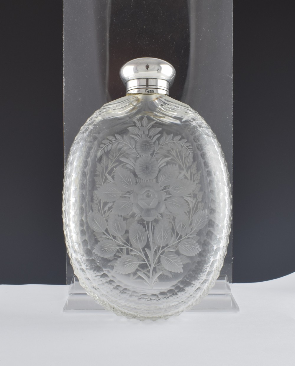 Unusual Victorian Engraved Cut Glass & Silver Plated Hip Spirit Flask