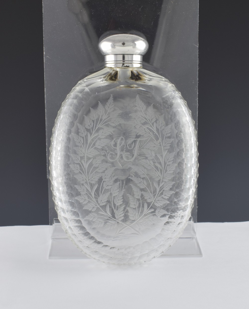Unusual Victorian Engraved Cut Glass & Silver Plated Hip Spirit Flask View III