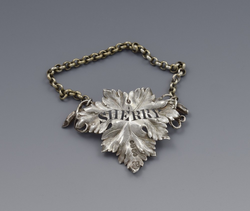 Early Victorian Silver Vine Leaf Sherry Decanter Label 1838