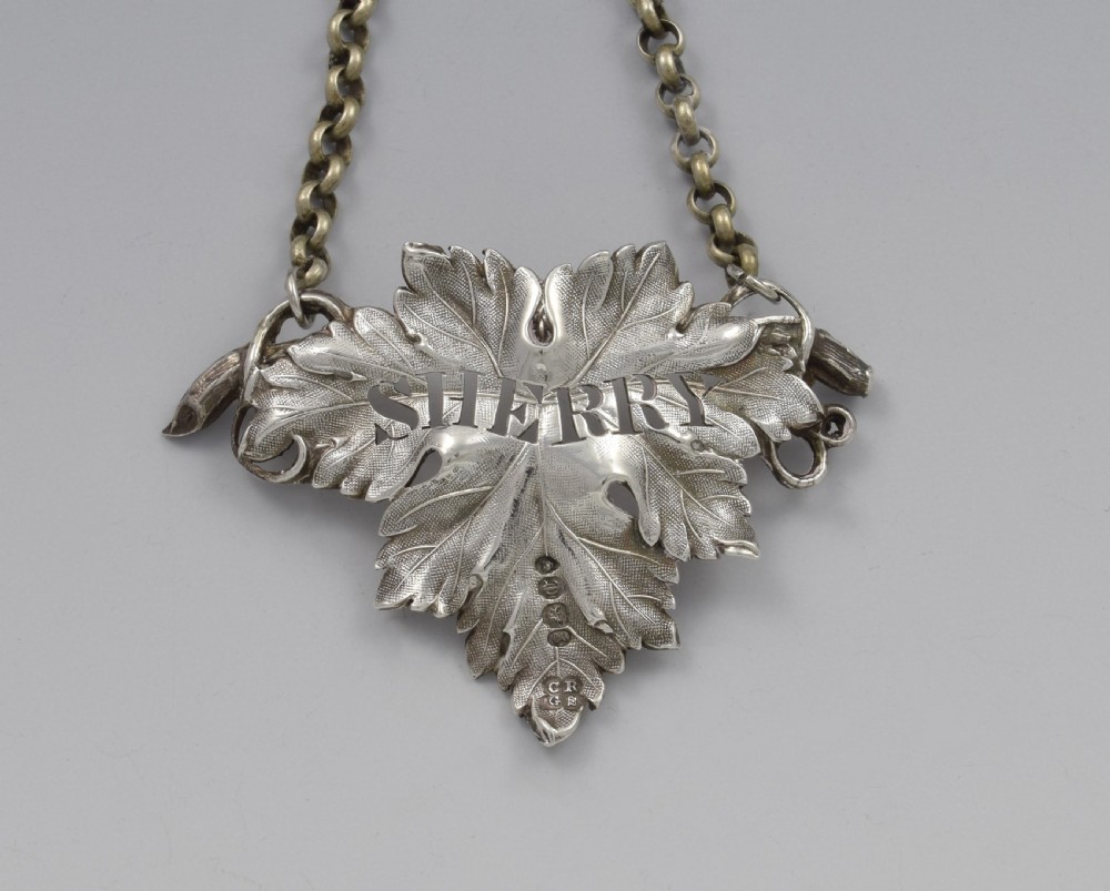 Early Victorian Silver Vine Leaf Sherry Decanter Label 1838 View IV