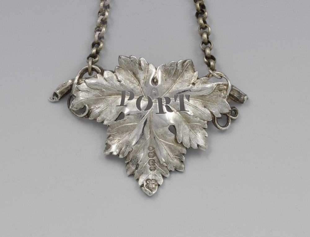 Early Victorian Silver Vine Leaf Port Decanter Label 1838 View II