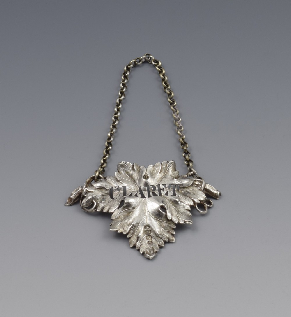 Early Victorian Silver Vine Leaf Claret Decanter Label 1838