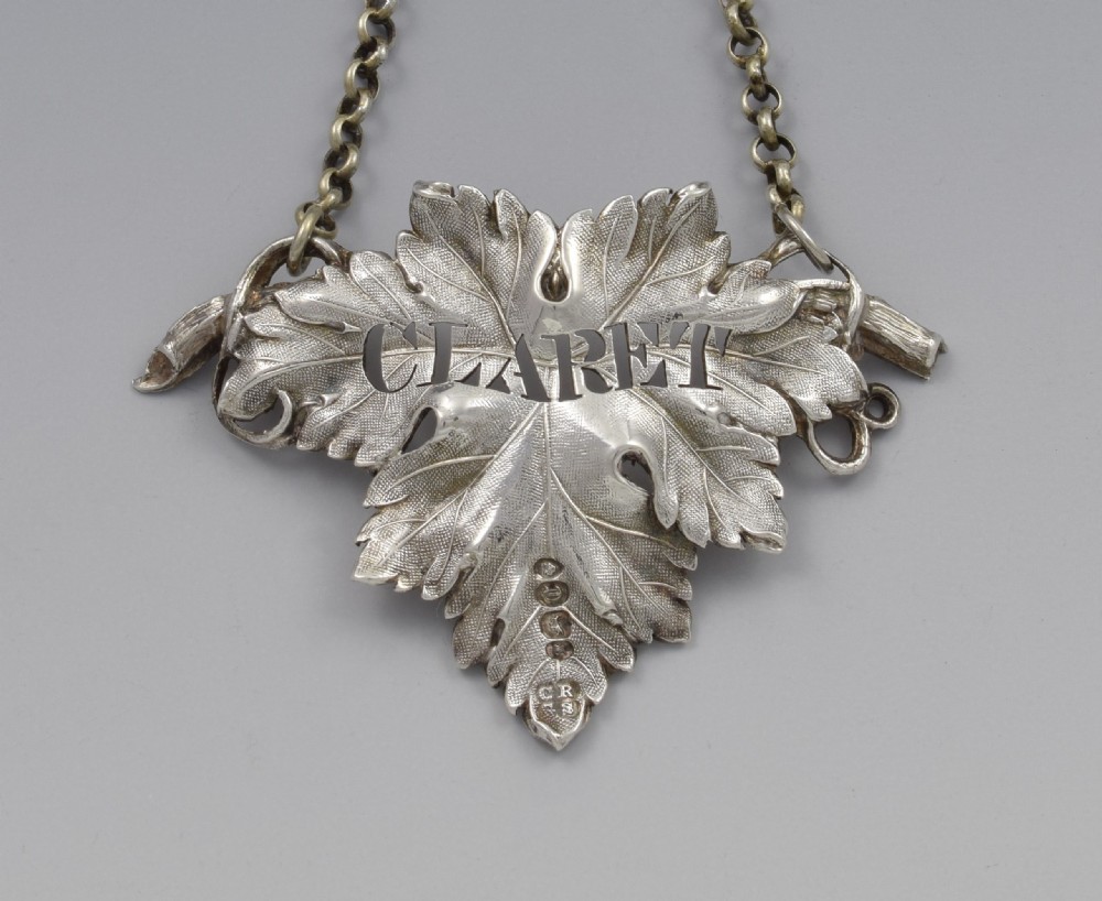 Early Victorian Silver Vine Leaf Claret Decanter Label 1838 View III