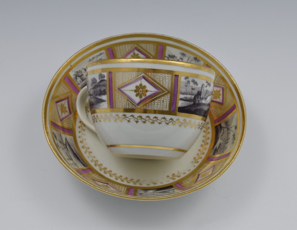Stunning New Hall En Grisaille & Lilac Bute Cup & Saucer Pattern 436 c.1800 View X