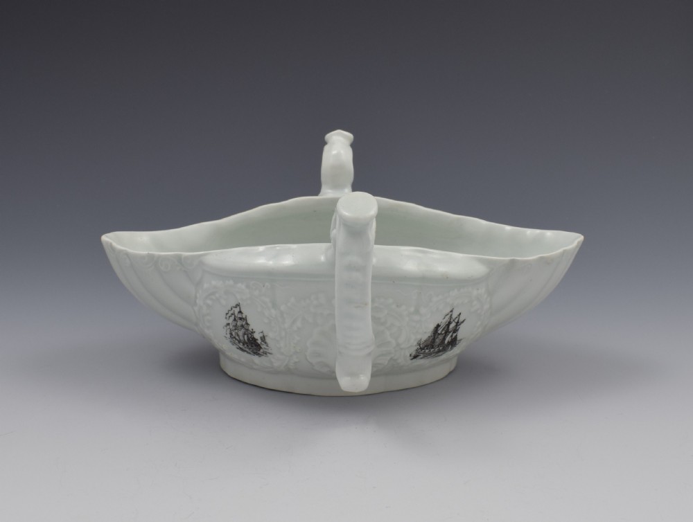 First Period Worcester Porcelain Double Handled Sauceboat c.1755