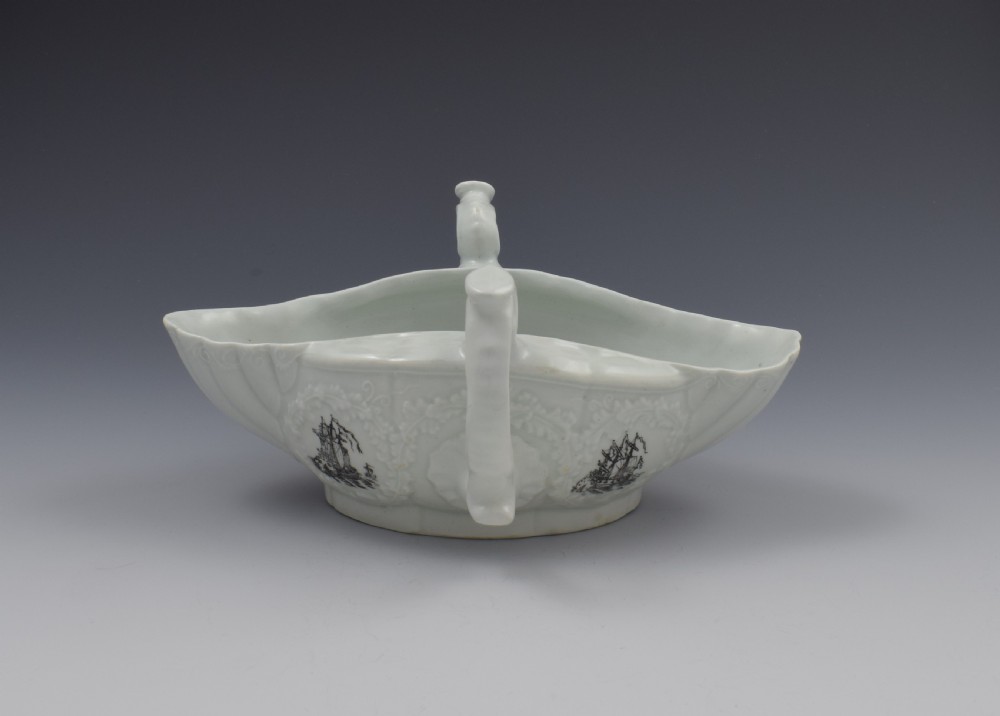 First Period Worcester Porcelain Double Handled Sauceboat c.1755 View V