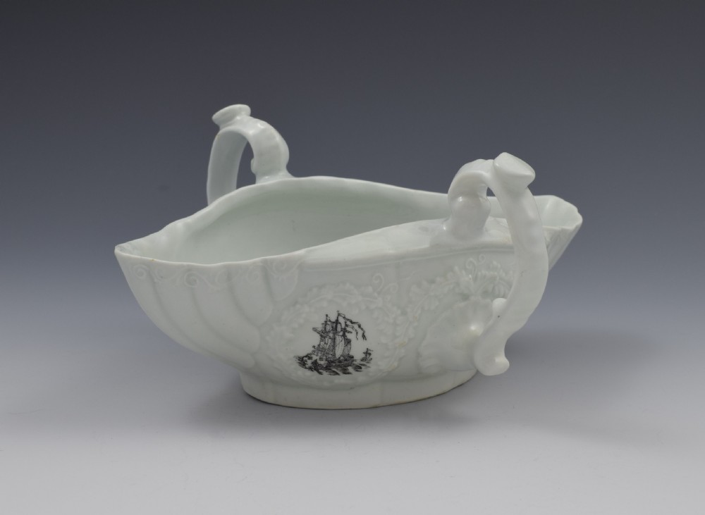 First Period Worcester Porcelain Double Handled Sauceboat c.1755 View VI