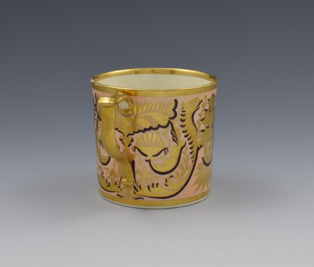 Derby Porcelain Salmon Ground Coffee Can Gold Dragons View III