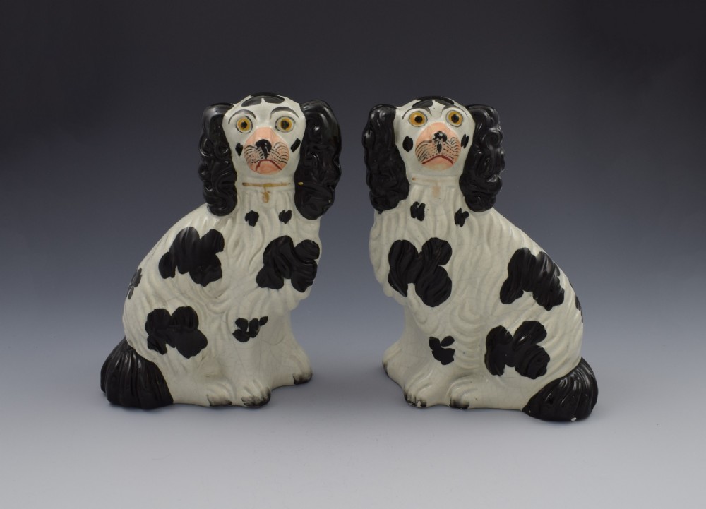 Pair Victorian Staffordshire Spaniels Dogs No. 4 Black & White c.1860