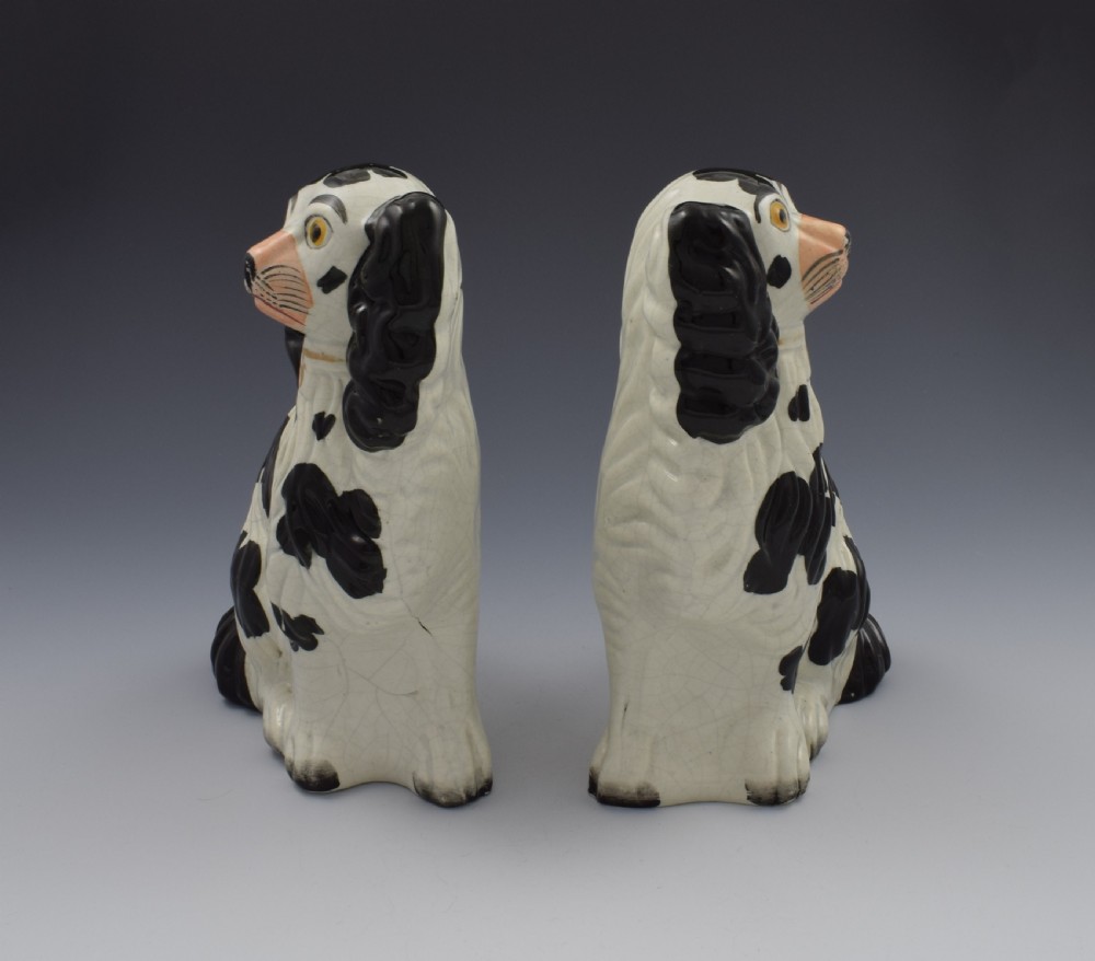 Pair Victorian Staffordshire Spaniels Dogs No. 4 Black & White c.1860 View II