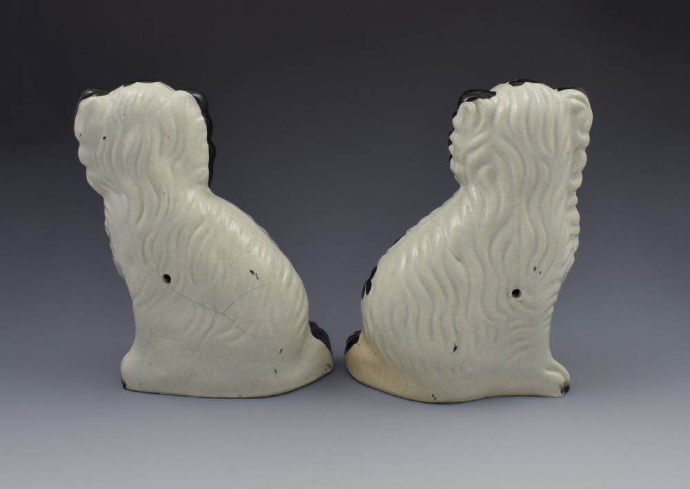 Pair Victorian Staffordshire Spaniels Dogs No. 4 Black & White c.1860 View III
