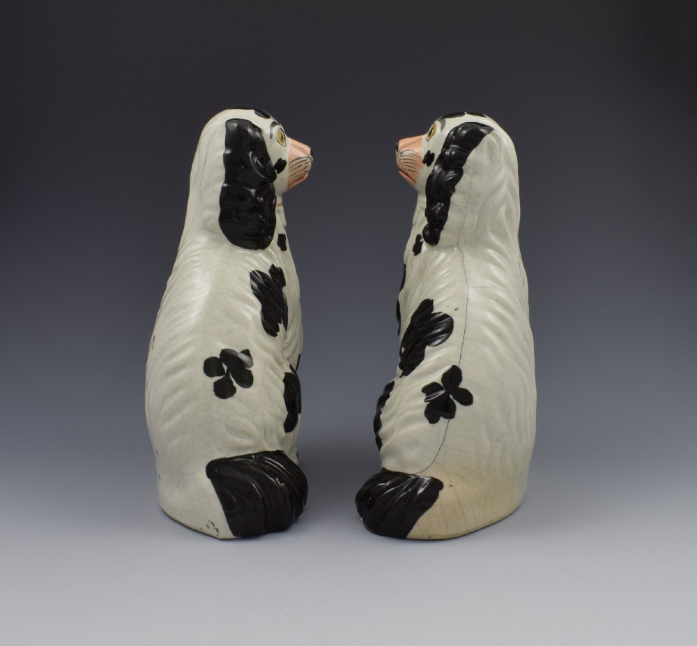 Pair Victorian Staffordshire Spaniels Dogs No. 4 Black & White c.1860 View IV