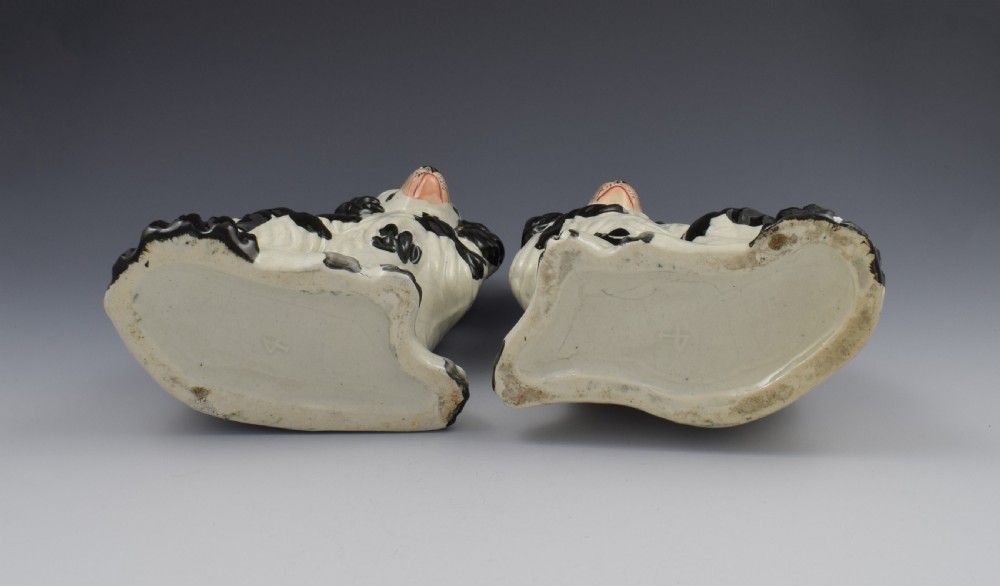 Pair Victorian Staffordshire Spaniels Dogs No. 4 Black & White c.1860 View V