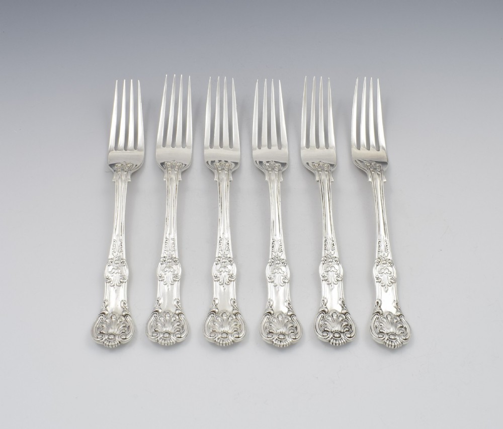 Fine Set 6 Silver Victorian Queen's Honeysuckle Pattern Dinner Forks