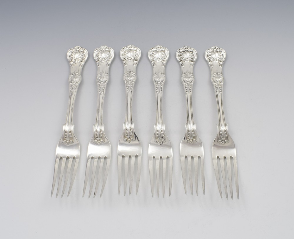 Fine Set 6 Silver Victorian Queen's Honeysuckle Pattern Dinner Forks View II
