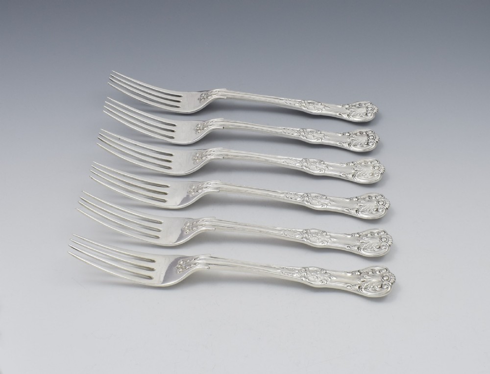 Fine Set 6 Silver Victorian Queen's Honeysuckle Pattern Dinner Forks View III